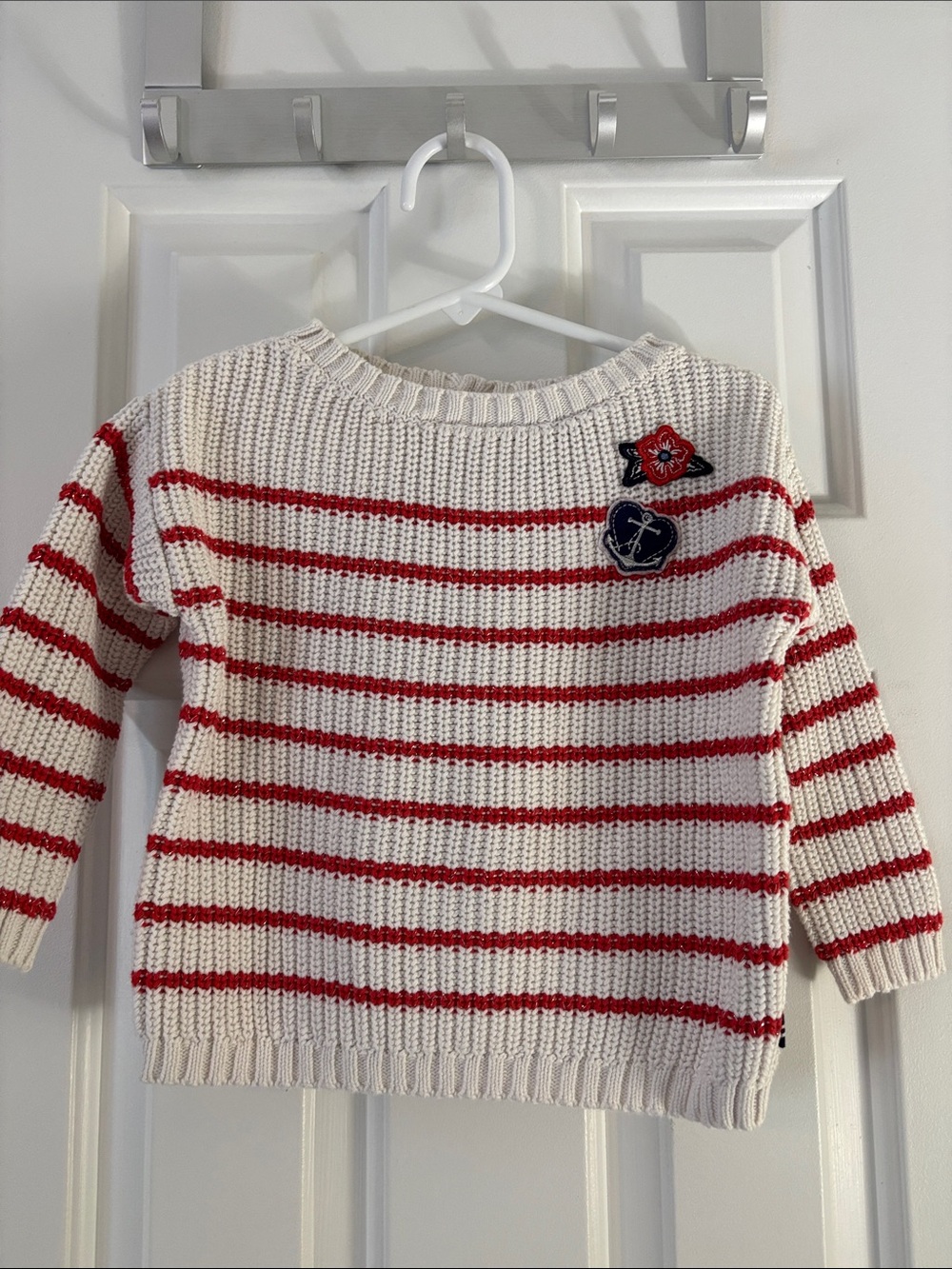 Nautica Cream and Red Striped Knit Sweater with Nautical Patches